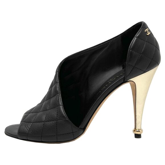 Chanel Logo Black Quilted Leather Peep Toe Gold Heel Pumps- Size 39.5